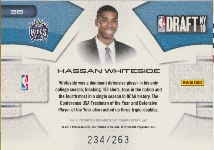 Hassan Whiteside 2010 Panini Prestige Draft rookie autograph auto card 36 /263 - Image 2 of 2