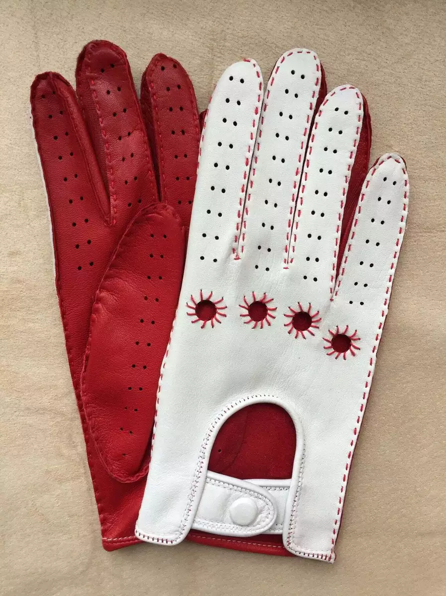 Real Napa Leather Handmade Driving Gloves Red White for Ladies
