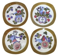 Figgio Norway Corsica 4 Side Plates 7" Turi Designs Cherry Handpaint Silkscreen