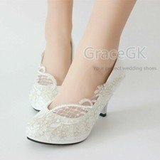Lace white ivory crystal Women Wedding shoes Bridal flat low high heel pump size