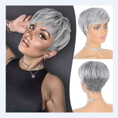 Short Pixie Cut Straight Grey Wig Synthetic Heat Safe Full Wig For Women Soft