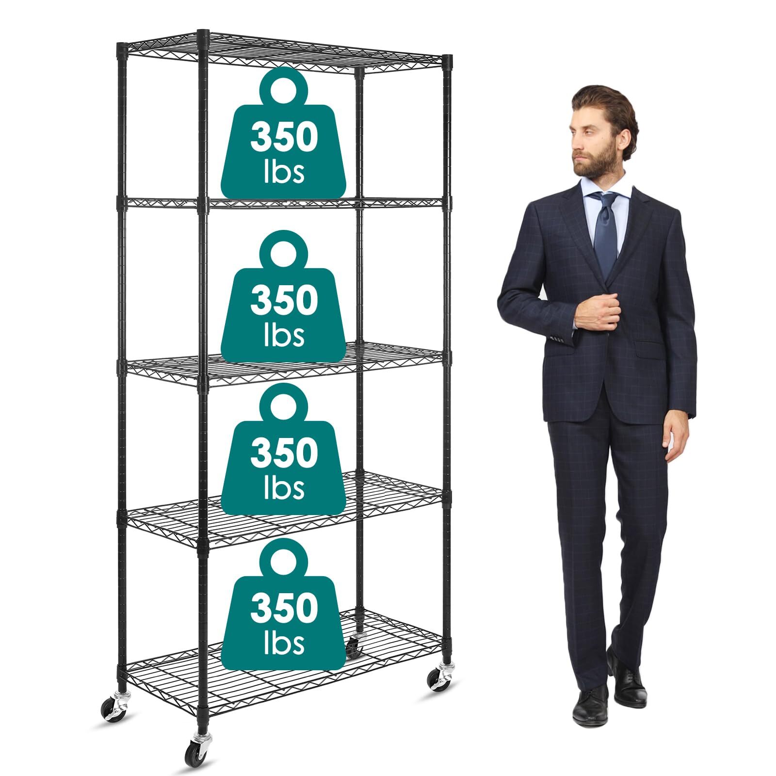 5 Tier Shelf Shelving Unit with Wheels,Adjustable Metal Shelves for Storage, ...