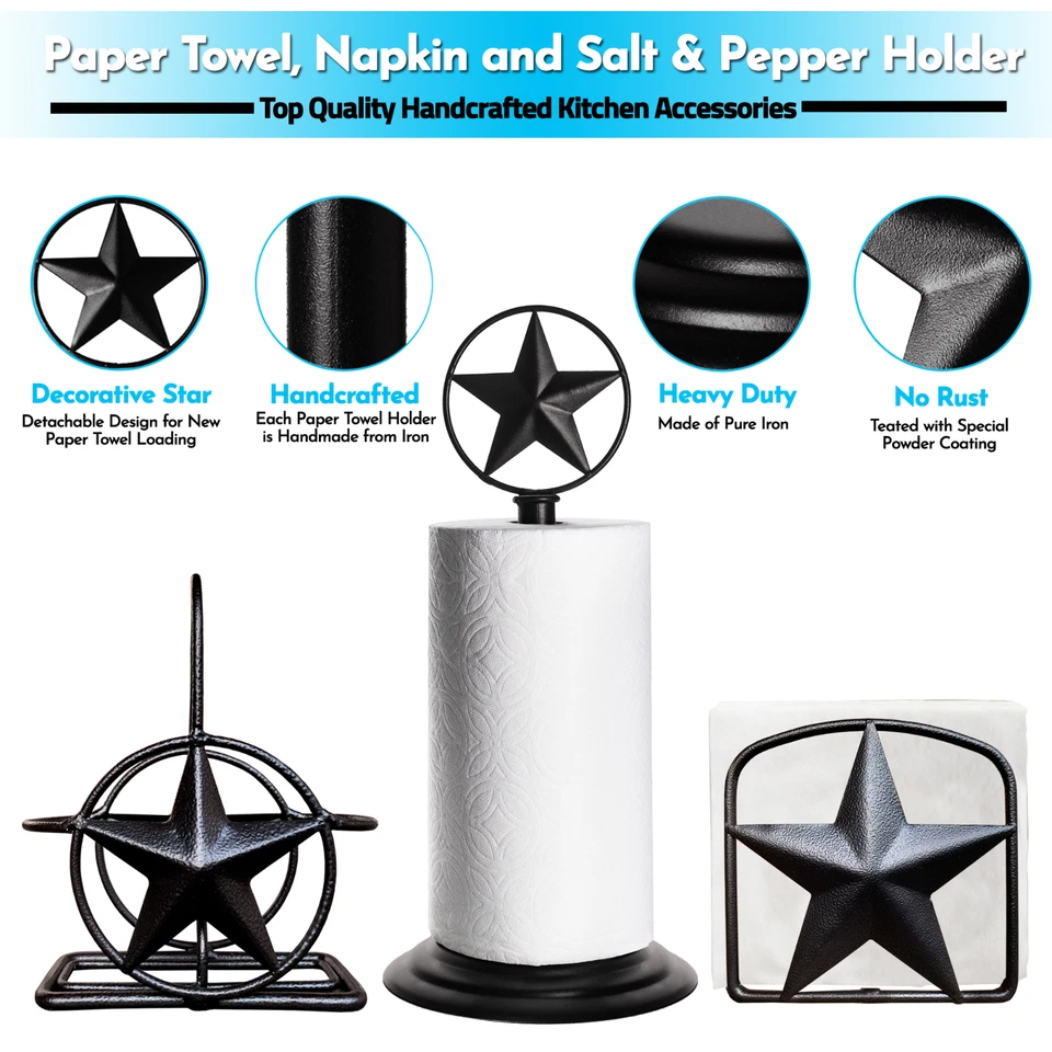 Toalla de papel Texas Star rústica negra, servilleta, soporte para sal y pimienta, juego de cocina Foto 3 de 4