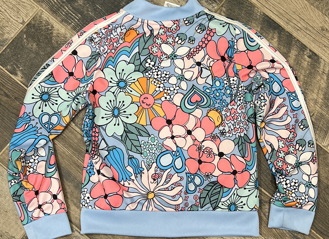 Adidas Floral Print Tricot Jacket Girls Lightweight Blue Sun