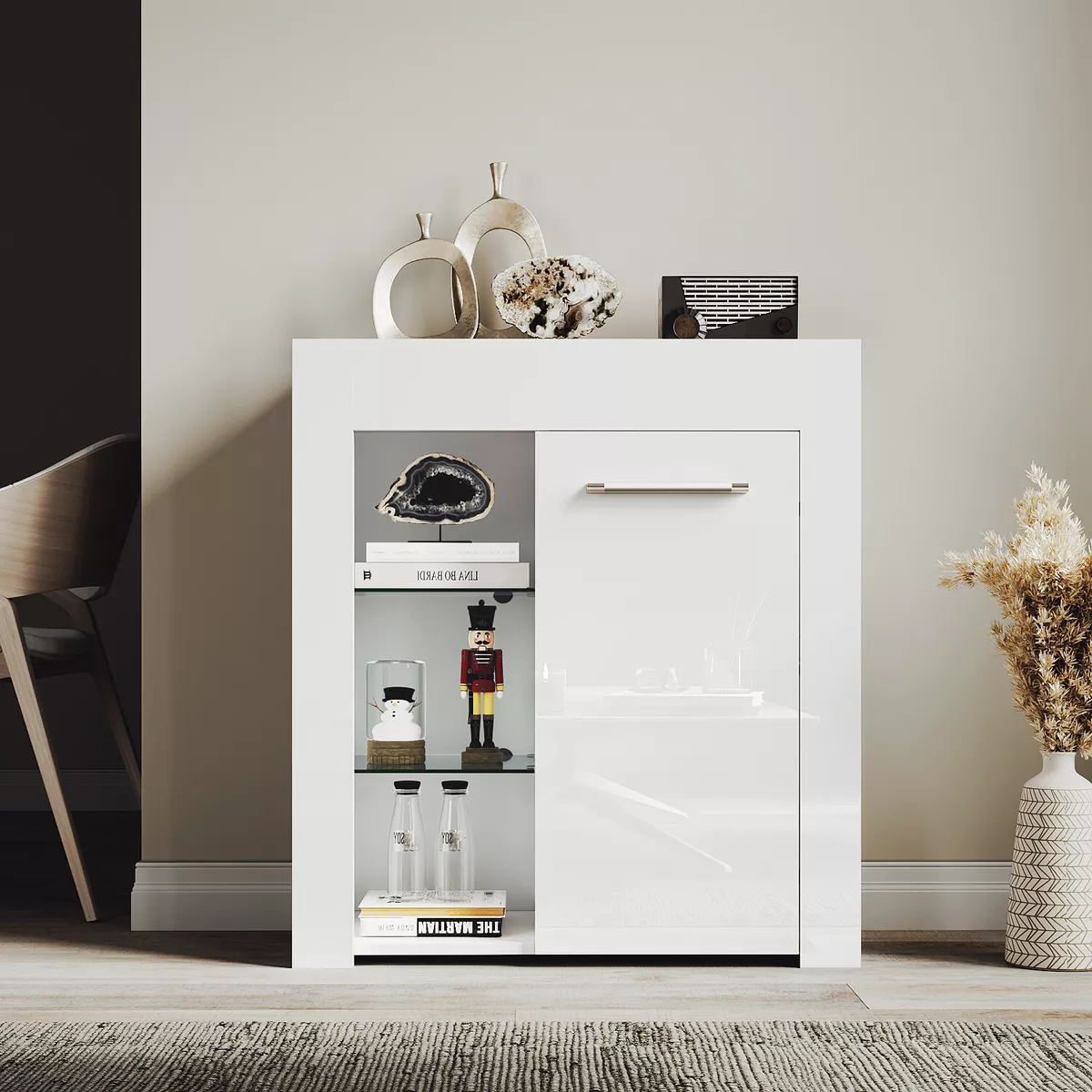 White Sideboard High Gloss Cabinet Storage Doors Cupboard with RGB