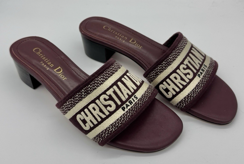 Christian Dior D-Way Burgundy Embroidered Cotton Heeled Slides