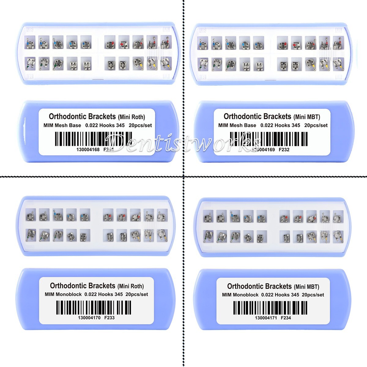 10 Packs Orthodontic Metal Mini Brackets (MBT/Roth Style) - 0.22 Slot With Hook Options 3/345