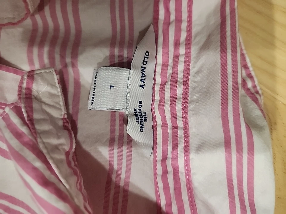 Old Navy Womens Linen Cotton Blouse L  The Boyfriend Shirt Pink Stripe Beach - Image 4 of 4