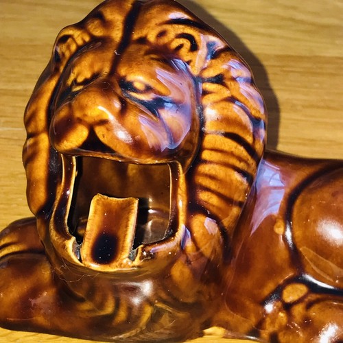 Vintage Ceramic Open Mouth Lion Ashtray Brown Glazed Figurine Retro Mid Cen 1960 - Picture 2 of 12