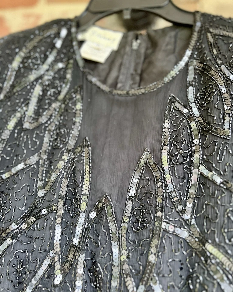 Vestido de Cóctel De Colección Stenay Seda Con Cuentas Talla 14 Negro Lentejuelas Manga Corta Retro Foto 4 de 4