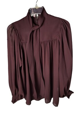 Anne Klein Semi Sheer Blouse Pussybow Neck Tie Size 8 Long Sleeve Pleated Yoke