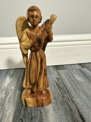 Vintage Olive Wood Hand Carved Angel Playing Mandolin/Guitar from Bethlehem