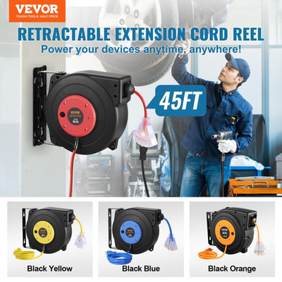 Retractable Extension Cord Reel, 45 FT, Heavy Duty 12AWG/3C SJTOW Retractable P