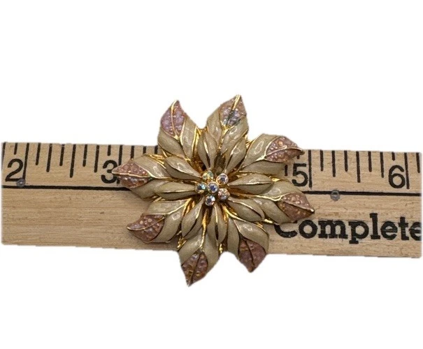 Vintage Poinsettia Flower Brooch Pin Cream Pink Enamel Gold Tone Rhinestones 2" - Image 2 of 4