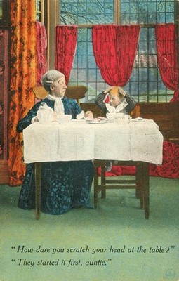 Humorous Antique Postcard 1911 Auntie and Nephew Scratching Head at Table  N