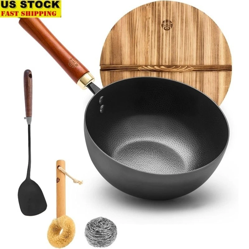 Wrought Iron Wok 8.7 Inch Nonstick Wooden Lid Ergonomic Handle Induction Safe US