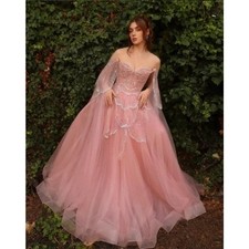 Sweetheart Dusty Pink Tulle Prom Dresses Rhinestone Ruffle Bodice A Line Gowns