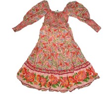 Farm Rio Dress Womens Small Pink Bird Floral Maxi Boho Smocked Puff Sleeve Print