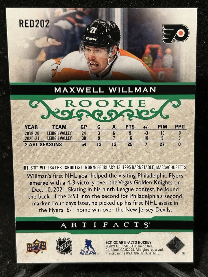 2021-2022 Maxwell Willman /99 Rookie Artifacts Upper Deck Philadelphia Flyers - Image 2 of 2