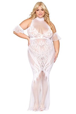 Bodystocking Kleid, Übergröße, Netz t weiße Spitze