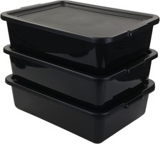 13 L Plastic Commercial Bus Tub with Lid, Restaurant Bus Bin, Black, 3 Packs