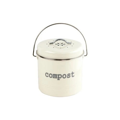 Metal Kitchen Food Waste Compost Caddy Bin with Charcoal Filter & Lid -3L- Cream