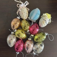 Vintage Colored Crackle Glass/Cracked Easter Egg Ornaments w/ Ribbons, Lot of 12