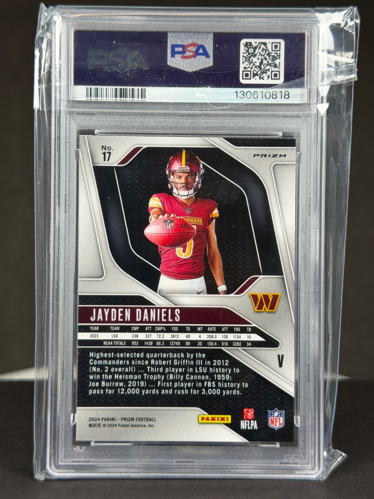 Jayden Daniels 2024 Panini Prizm RC Rookie Variation No Huddle PSA 10 Commanders view 2