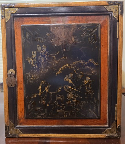 Early 1800's Chinese Oak Cabinet Black Laquer/Painted Figurines Door 3 Drawers - Picture 1 of 12
