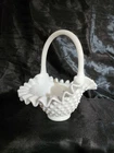 Vintage Fenton Hobnail White Milk Glass Basket with a ruffled edge and handle