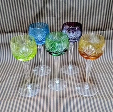 Vintage Ajka Crystal Cut Glass Set of 5 Multi-Colored Wine Glasses