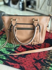 LODIS Tan Women's Satchel Bag with Pebbled Finish, Detachable Strap, Gold Hardw