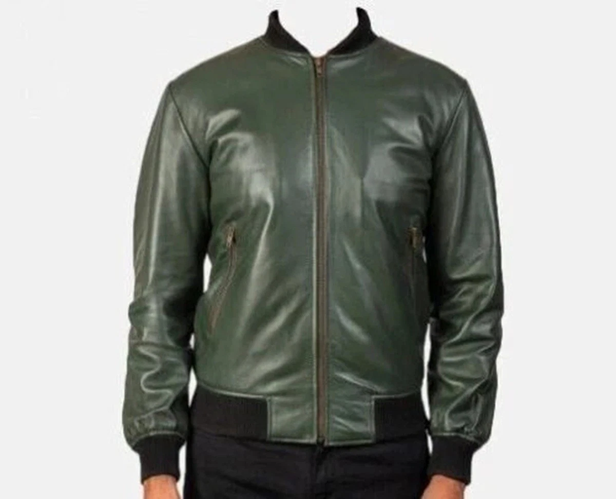 Men's Genuine Leather Green Lambskin Bomber Jacket Handmade Stylish Coat Jacket