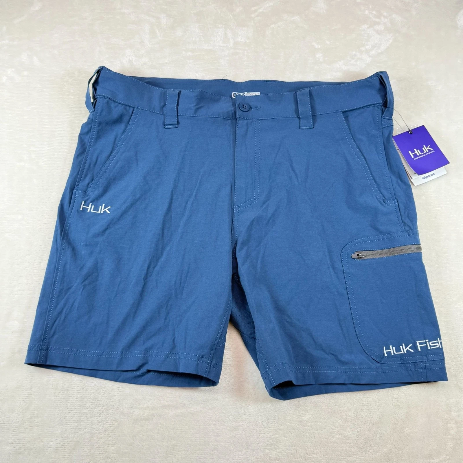 NWT Huk Next Level Performance Fishing Shorts Blue XL Cargo Zip Moisture Wicking