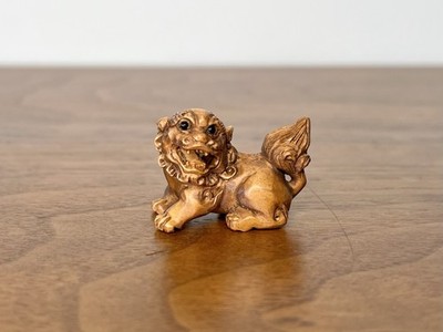 Hand-Carved Boxwood Ojime Bead Foo Dog Lion, Signed, Japanese Craft