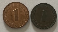 2 M&uuml;nzen.1 Pfennig-M&uuml;nzen 1950 F, 1984 D. Deutschland!Gebraucht,nicht gereinigt!