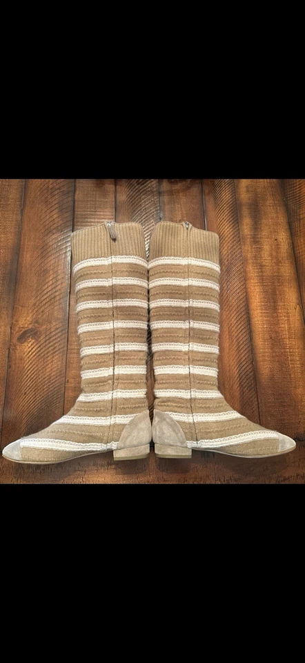 Authentic CHANEL Knit Tall Boots Beige/Cream Stripe Size 38 with Dust Bags - Image 4 of 4