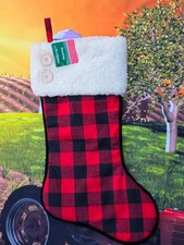 New Christmas Stocking Farmhouse Black red buffalo plaid 20" NWT