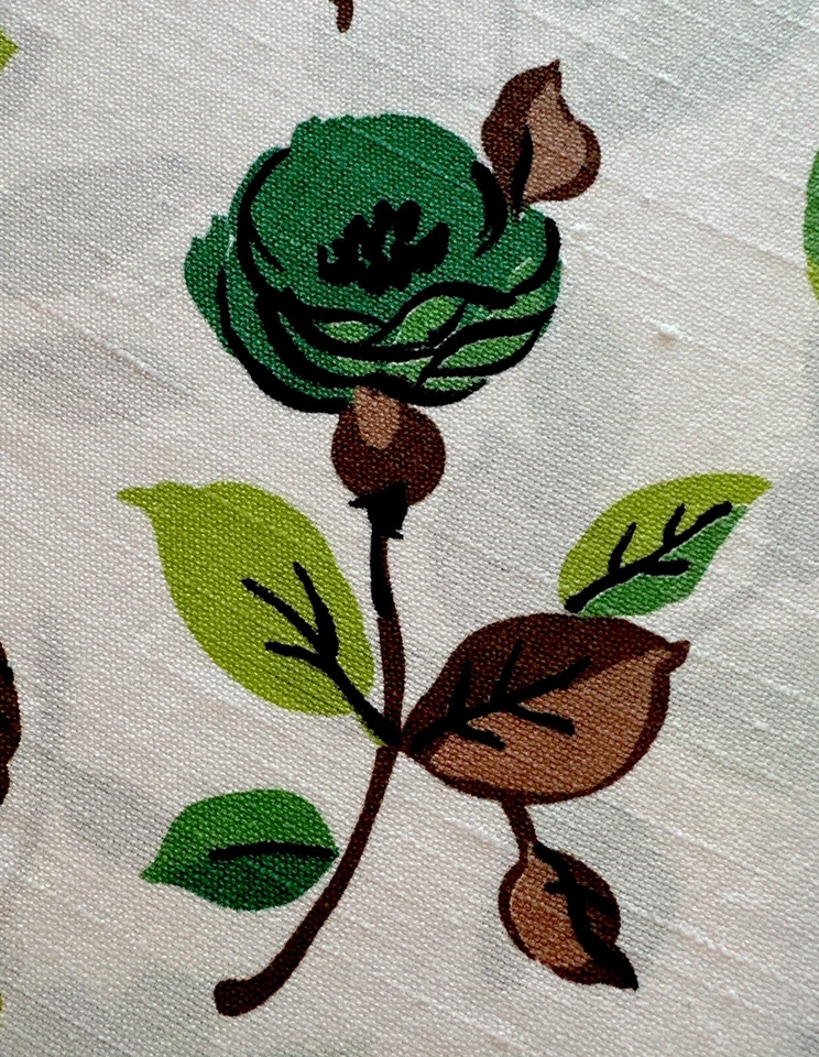 Tela de lino de algodón de colección de los años 60 W44”x 5 yardas amapolas verdes sobre cortinas acolchadas blancas Foto 4 de 4