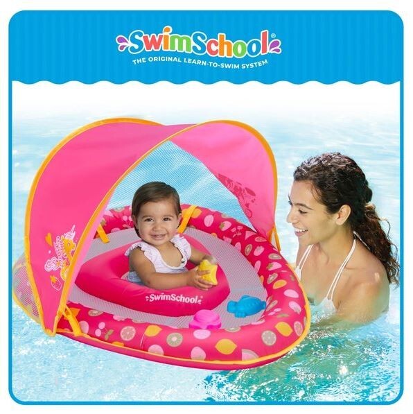 Swim School Grow-With-Me Baby Boat Pool Toy Pink Mermaid Adjustable w  Canopy NEW