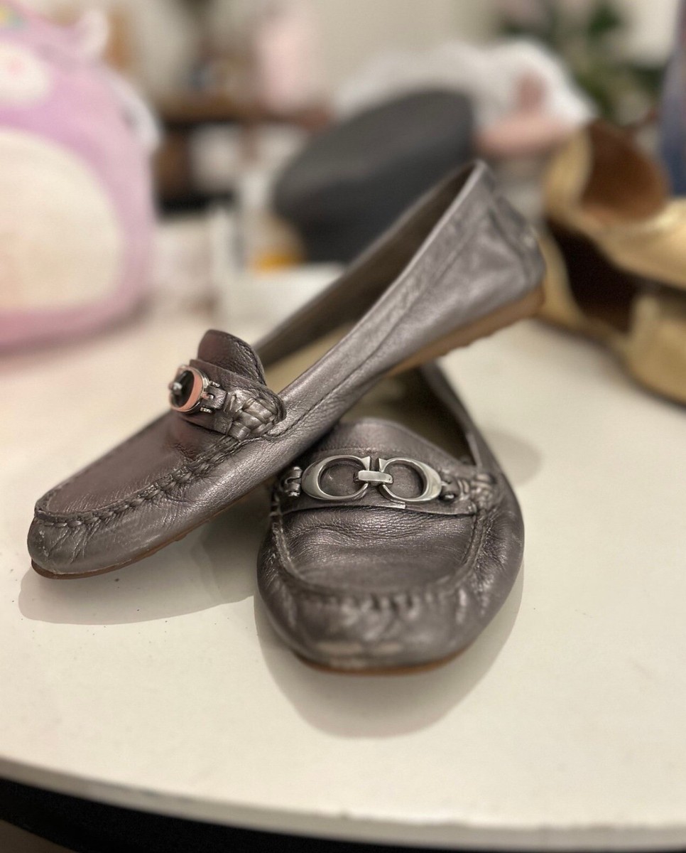 COACH Loafers FORTUNATA Gray Silver Leather Shoes Moccasins