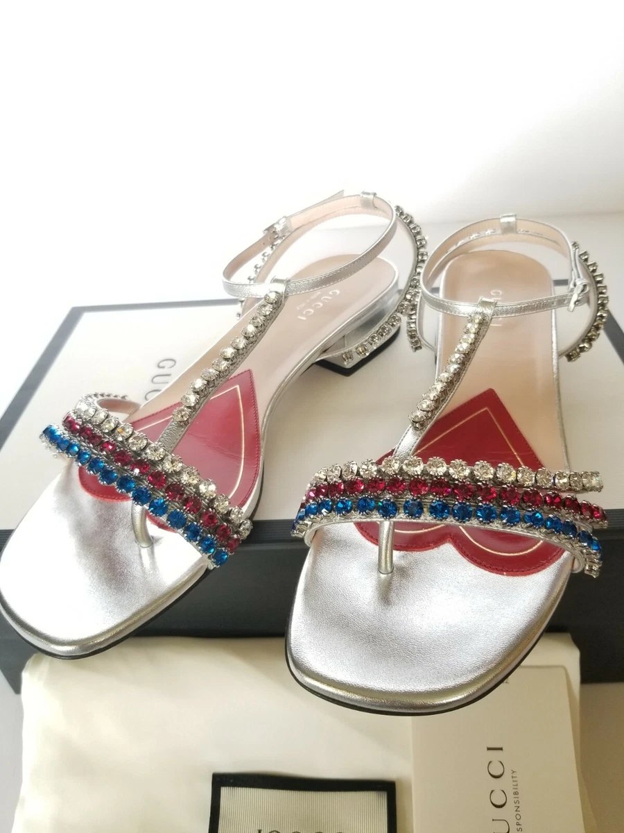 New Auth GUCCI Bertie Crystal Embellished Leather Sandal Eur 38.5