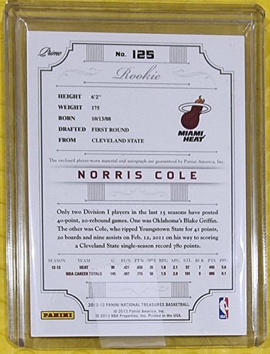 2012-13 Panini National Treasures Norris Cole Rookie Auto RC RPA Redemption /199 - Picture 3 of 4