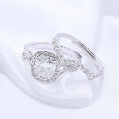 2.75Ct Cushion CZ Diamond Halo Bridal Set Engagement 14K White Gold Over Ring
