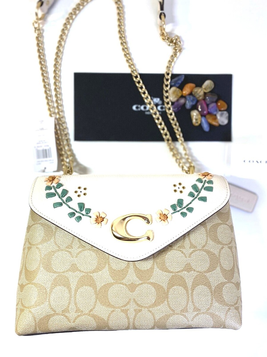 NWT COACH Tammie Shoulder Bag Floral Signature Khaki Leather