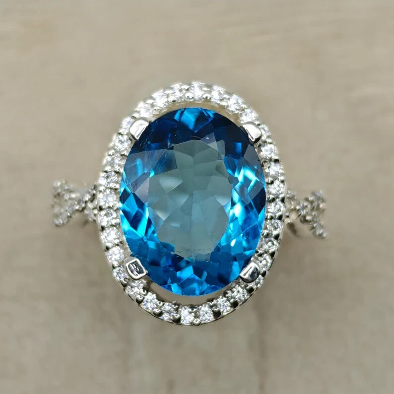 Women's Luxury Halo Style TCW Simulated Swiss Blue Topaz White Sapphire  Ring