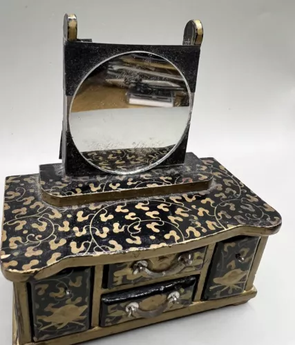 Vintage Japanese Hina Doll Furniture Miniature Chest Dresser Mirror Drawers, 5”