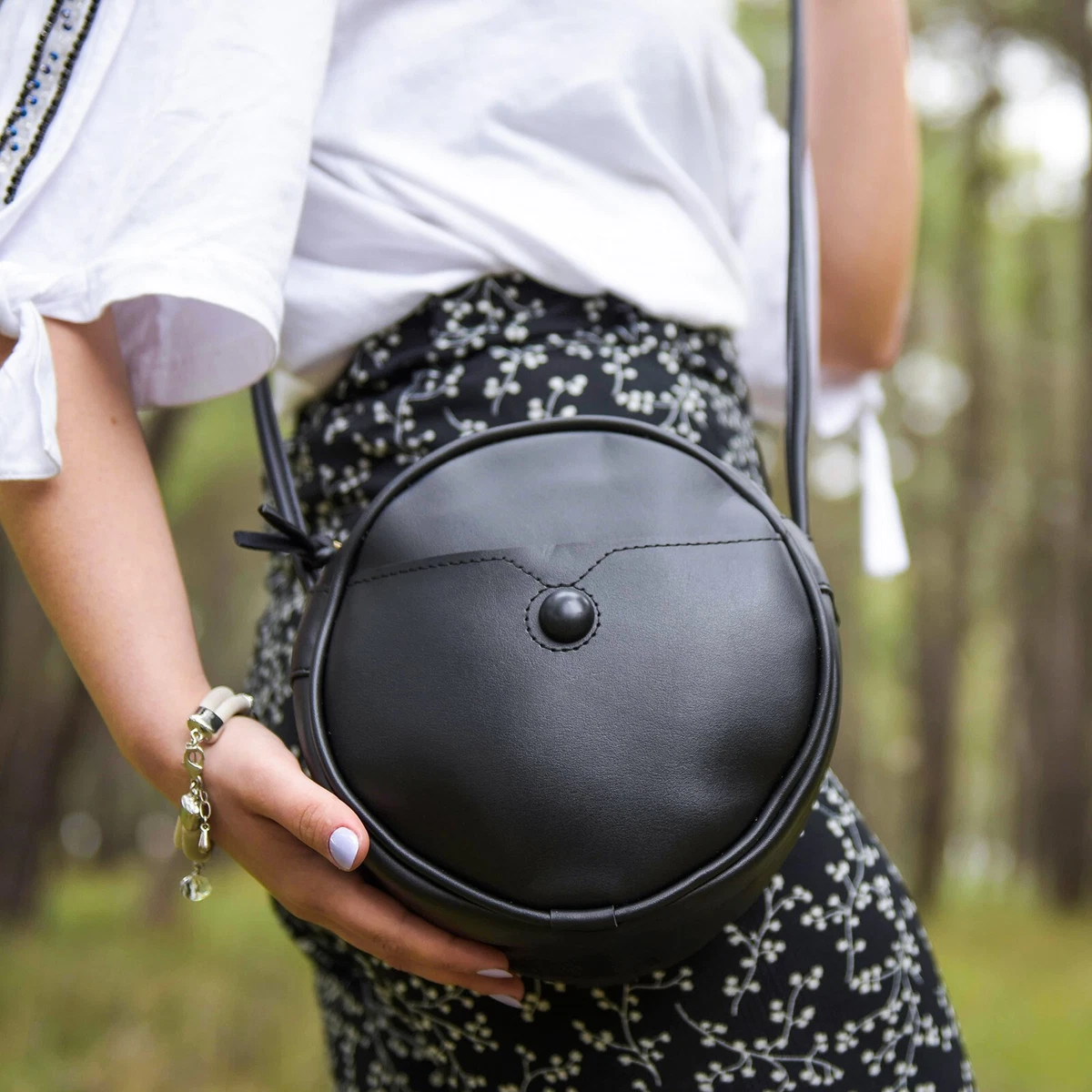 Black Designer Round Leather Crossbody Bag with Exterior Pocket