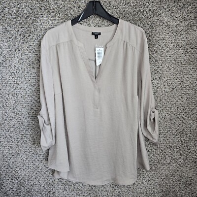 Torrid Top Womens 3 US Plus 3X Beige Satin Harper Blouse V Neck Roll Tab Sleeve