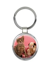 Cat : Gift Round Keychain Kitten Pet Animal Cute Funny Teddy Bear
